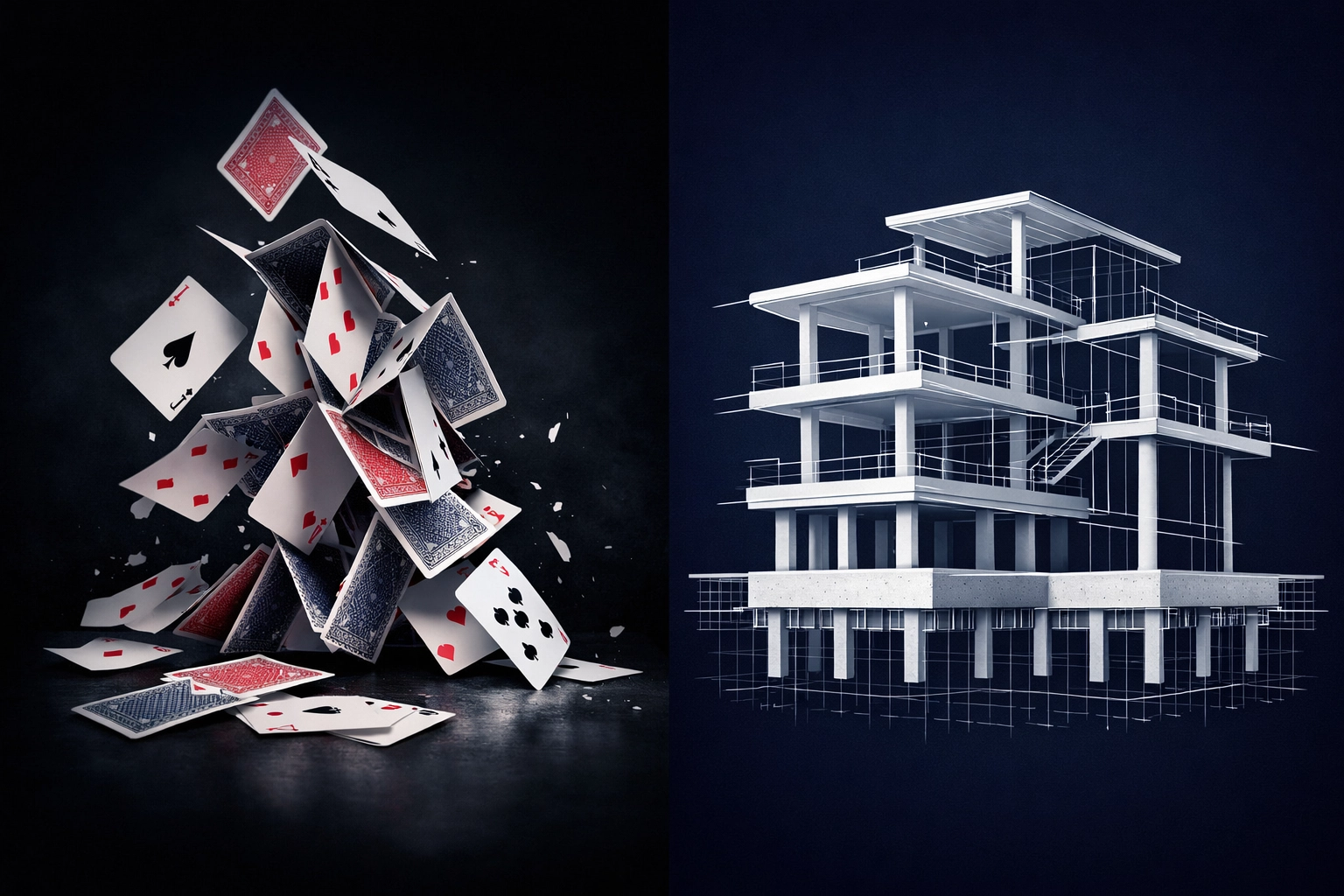 House of cards collapsing next to solid architectural foundation illustrating fragile vs structural AI implementation
