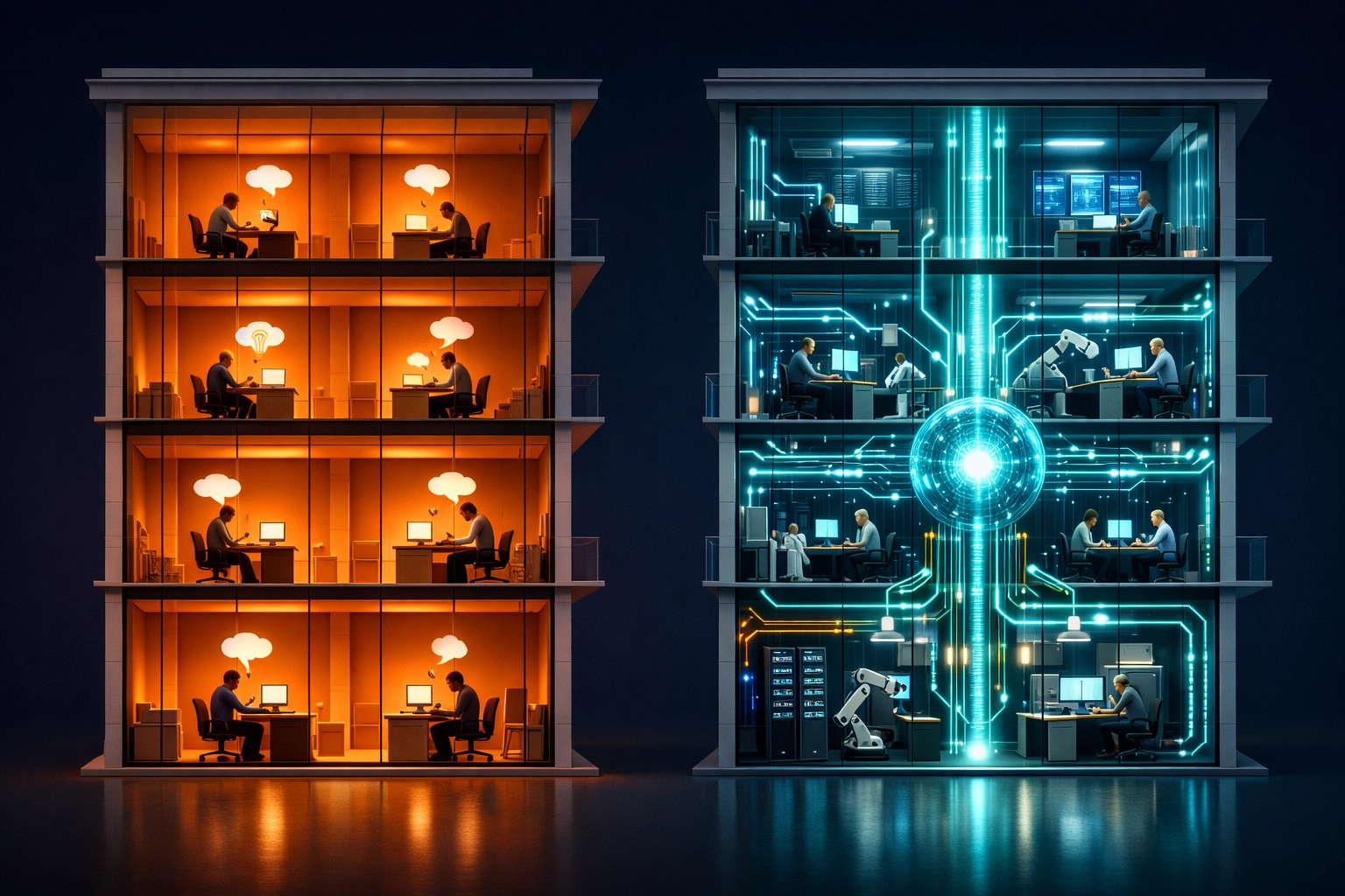 AI-enabled company building with connected systems versus AI-assisted isolated workers in separate offices