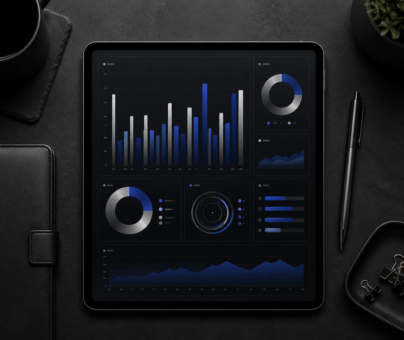 A professional tablet dashboard displaying analytics for HVAC dispatch efficiency and business growth metrics.