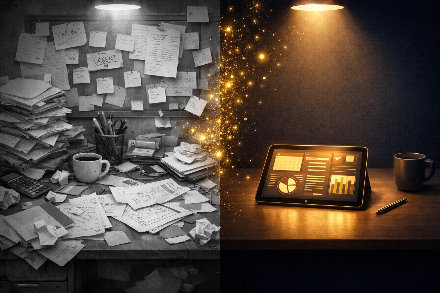 Comparison of traditional cluttered desk versus organized digital workspace with AI executive assistant