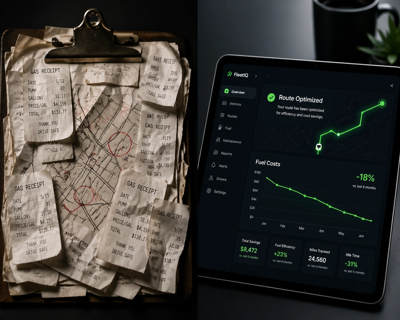 Manual gas receipts versus a fleet analytics software dashboard showing route optimization and lower costs.
