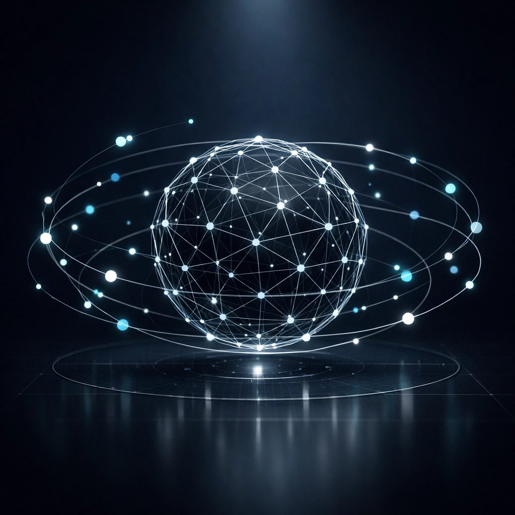 AI knowledge management core with interconnected data points representing institutional memory