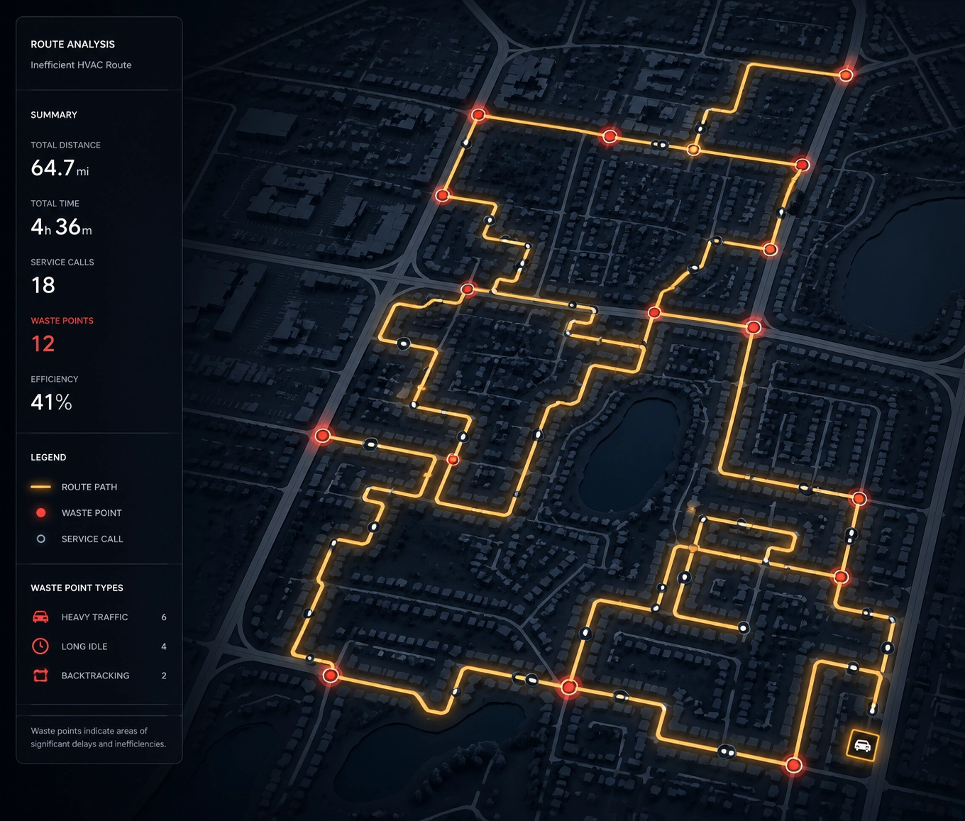 Map showing inefficient HVAC routes and fuel waste points to illustrate the need for fleet route optimization.