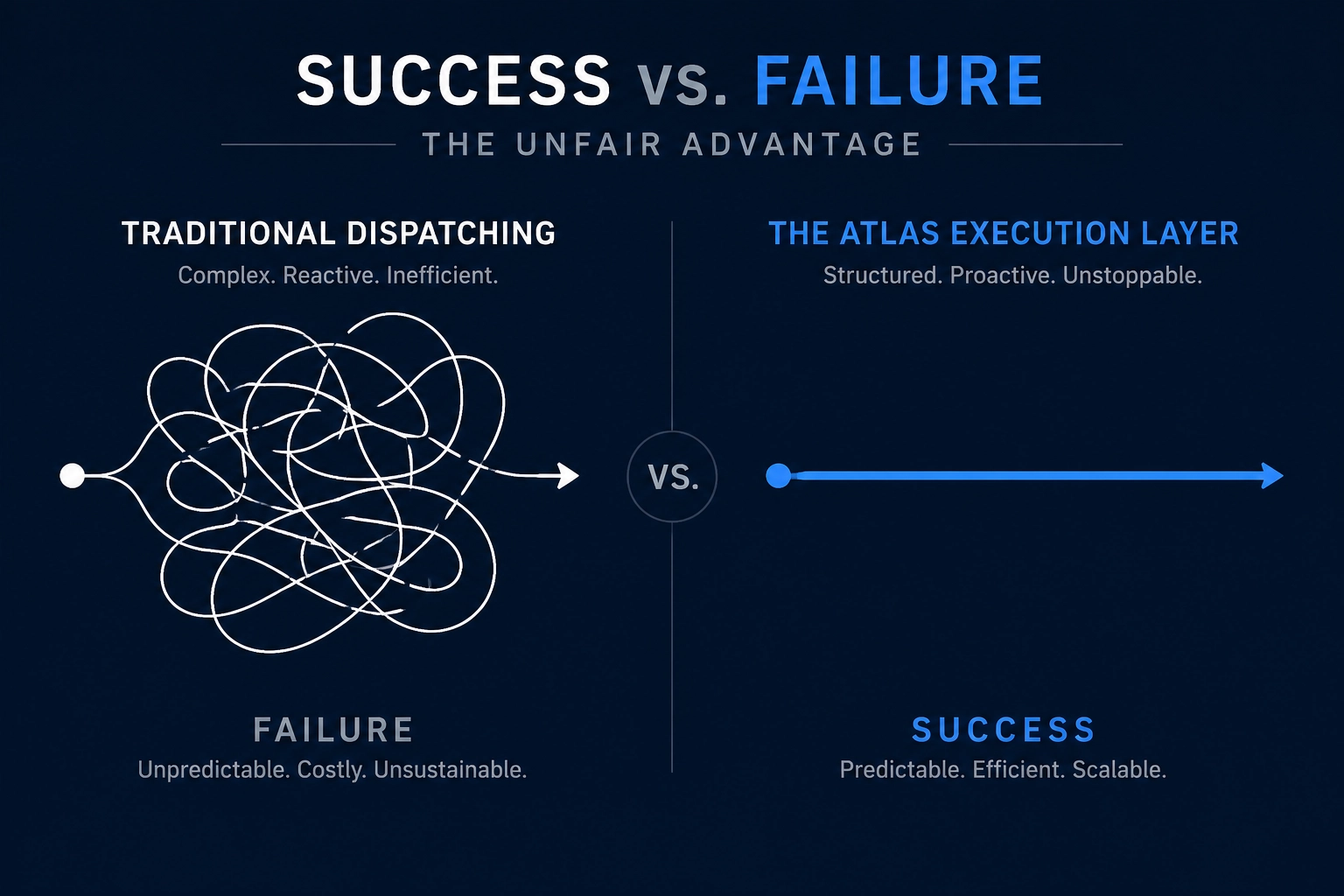 Comparison of traditional dispatching versus the Atlas Execution Layer for improved fleet route optimization.