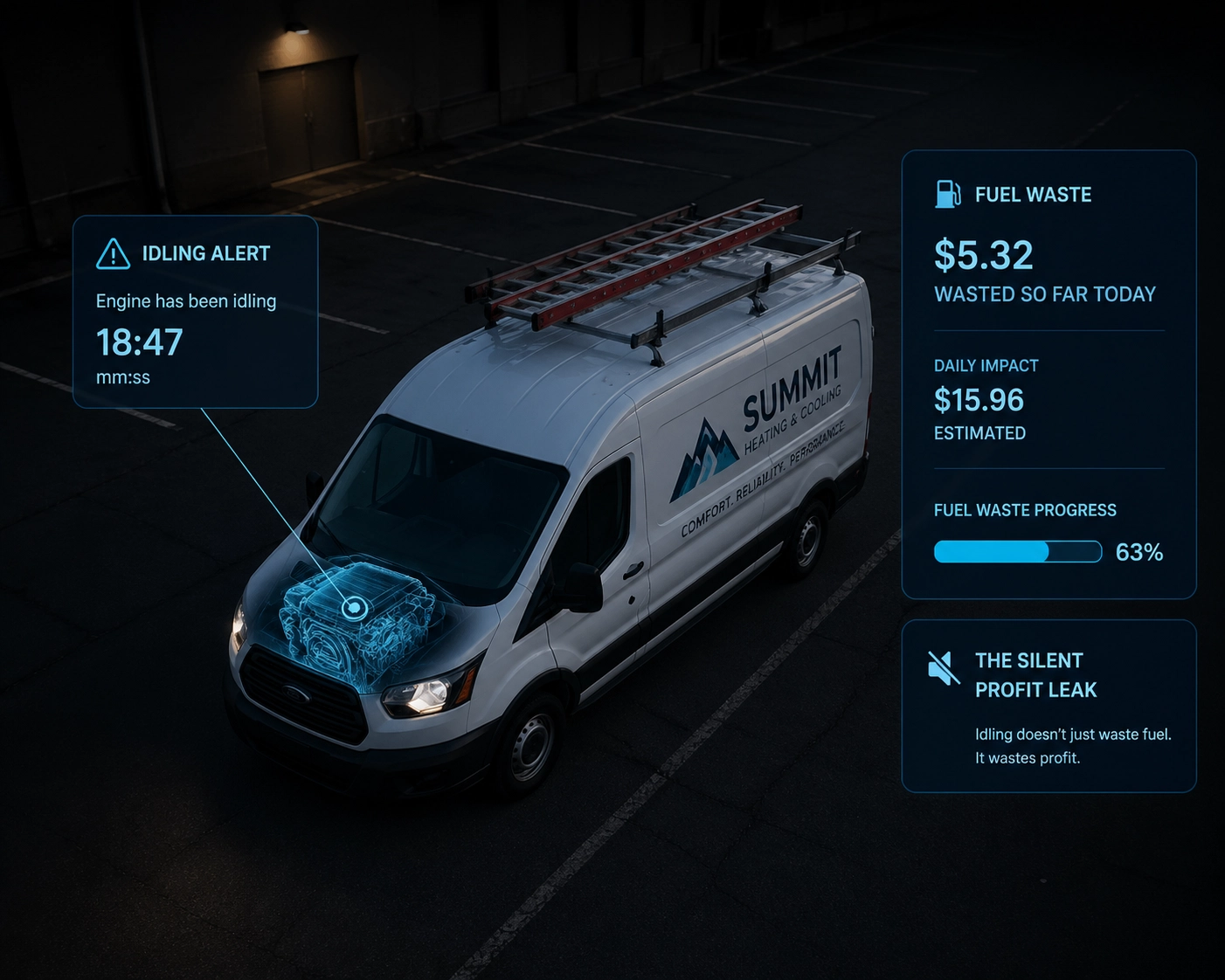 HVAC van idling with a digital overlay showing fuel waste and fuel consumption monitoring alerts.